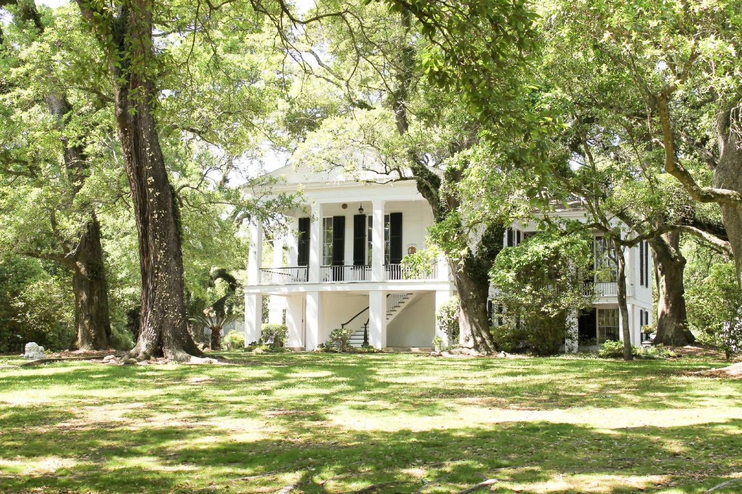 Historic Southern plantation-style home surrounded by sprawling oak trees and expansive landscaped grounds.