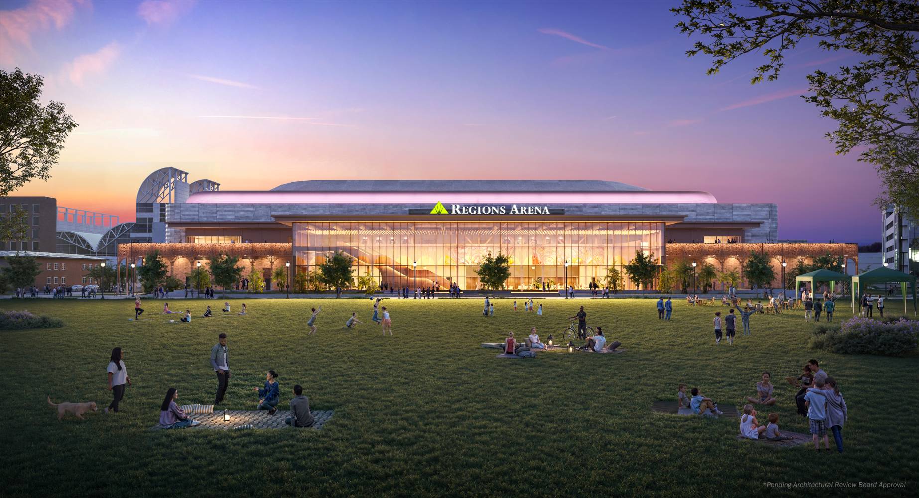 Architectural rendering of Regions Arena at dusk with visitors gathering on a large lawn in front of the illuminated venue.